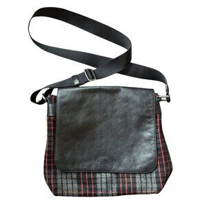 Coach Sullivan Small Messenger Bag Plaid Wool Leather Flap Crossbody Black Red